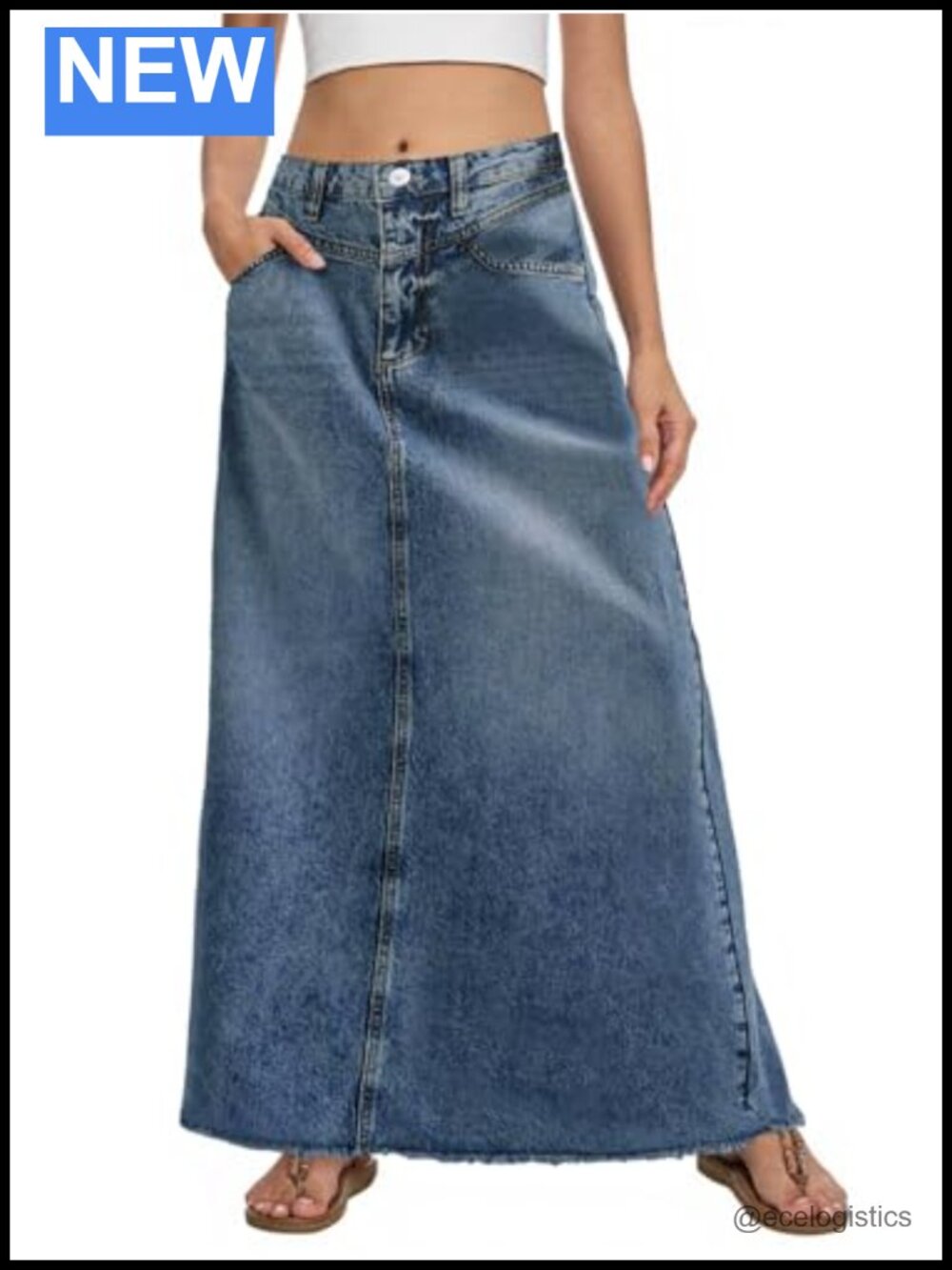 Women's Denim Maxi Skirt High Waist A-Line Long Frayed Hem Cotton Blend